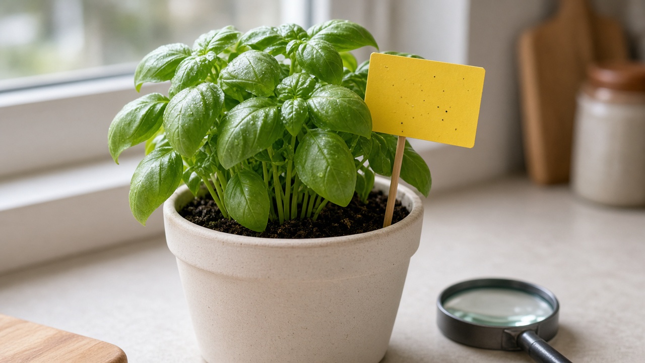 Potted basil with a yellow sticky trap card (AI-generated image)