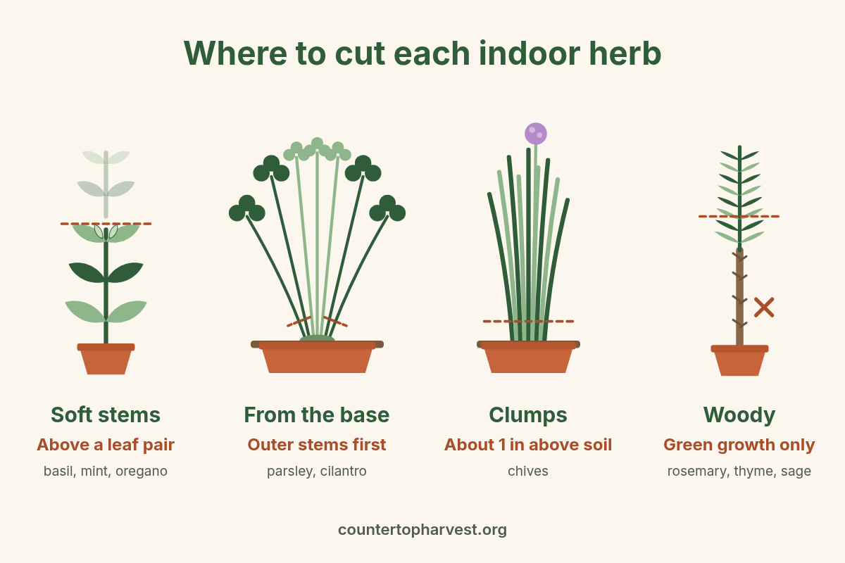 Diagram of where to cut each indoor herb: soft stems above a leaf pair, parsley and cilantro outer stems at the base, chives about one inch above the soil, woody herbs in green growth only